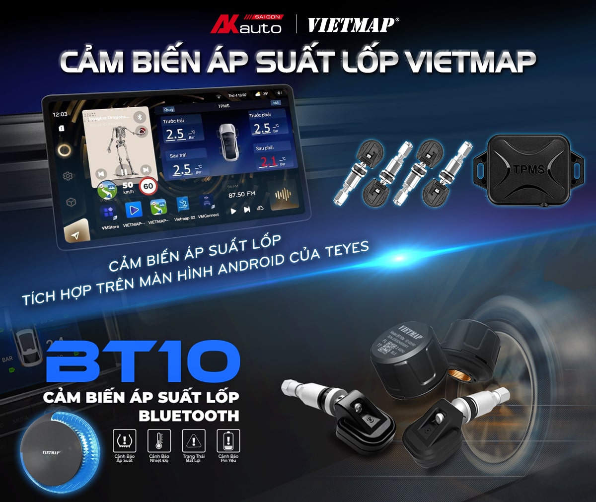 Chuyên Cảm biến áp suất lốp Vietmap và Teyes-AKauto