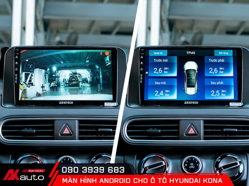 Camera, cảm biến áp suất lốp hiển thị trên màn hình android ô tô Hyundai Kona