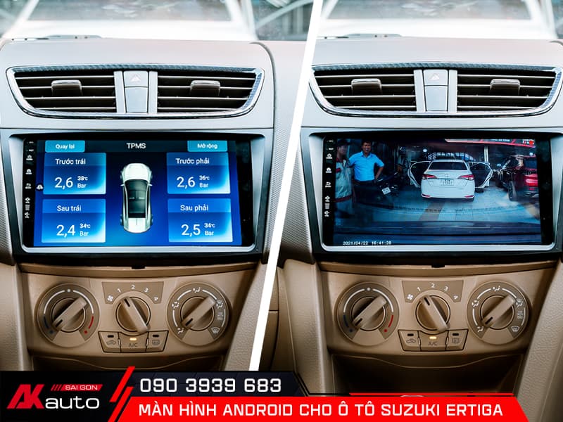 Màn hình ô tô Suzuki Ertiga hiển thị camera và cảm biến áp suất lốp