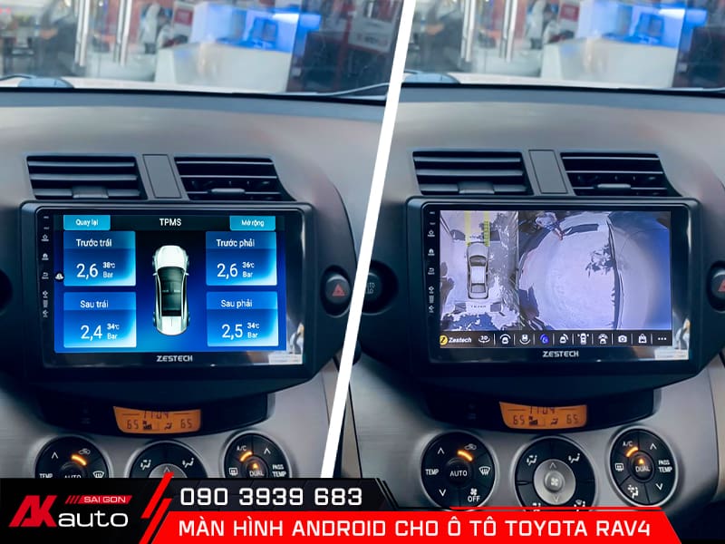 Camera hành trình và cảm biến áp suất lốp hiển thị trên màn hình ô tô Toyota RAV4