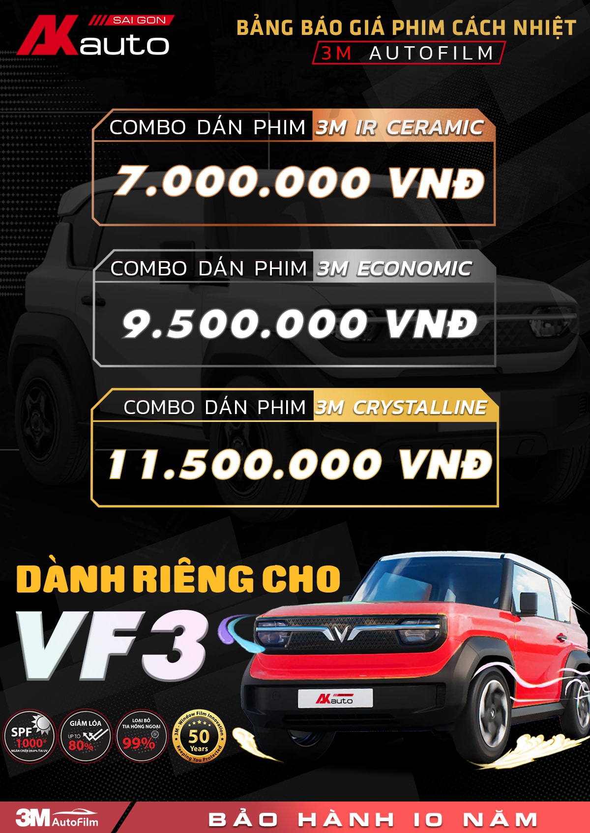 Bảng giá dán phim cách nhiệt cho xe Vinfast VF3 tại AKauto 