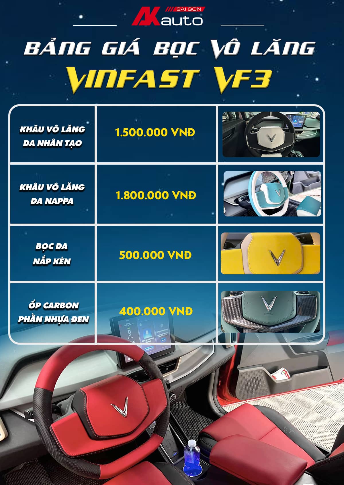 Chi phí bọc vô lăng Vinfast VF3